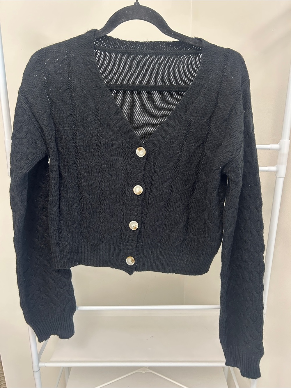 SHEIN Black Cable Knit V-Neck Button-Up Cardigan